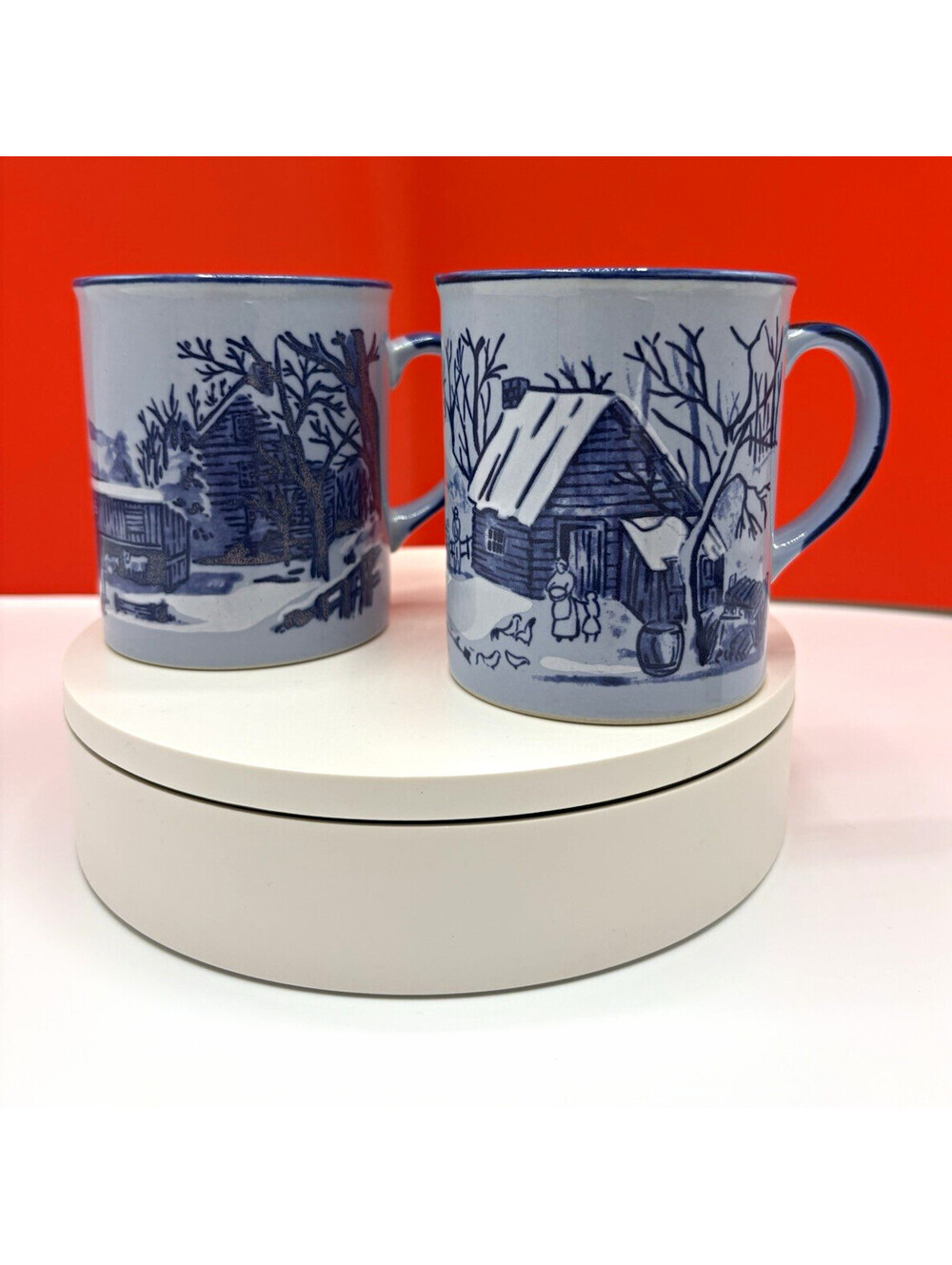 Unmarked Set of 2 Blue & White Scenic Japan Mugs, 4 in, Handle Decorated